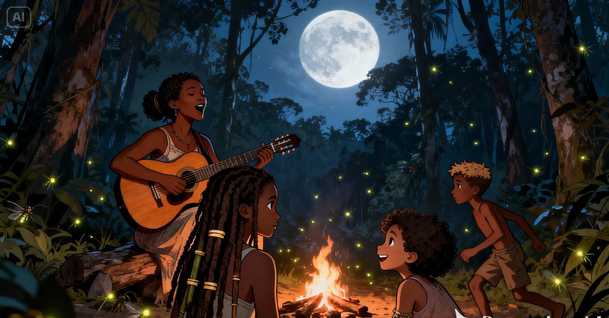 Aurora canta com as filhas ao redor da fogueira